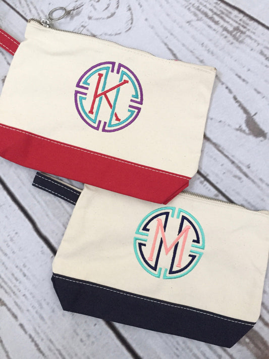 Personalized Canvas Cosmetic Bag with Medallion initial, Make Up Bag, Clutch