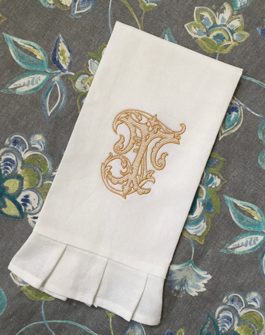 Monogrammed Linen Ruffled Handtowel, Personalized Handtowel Vintage Vine Initial, Hostess Gift
