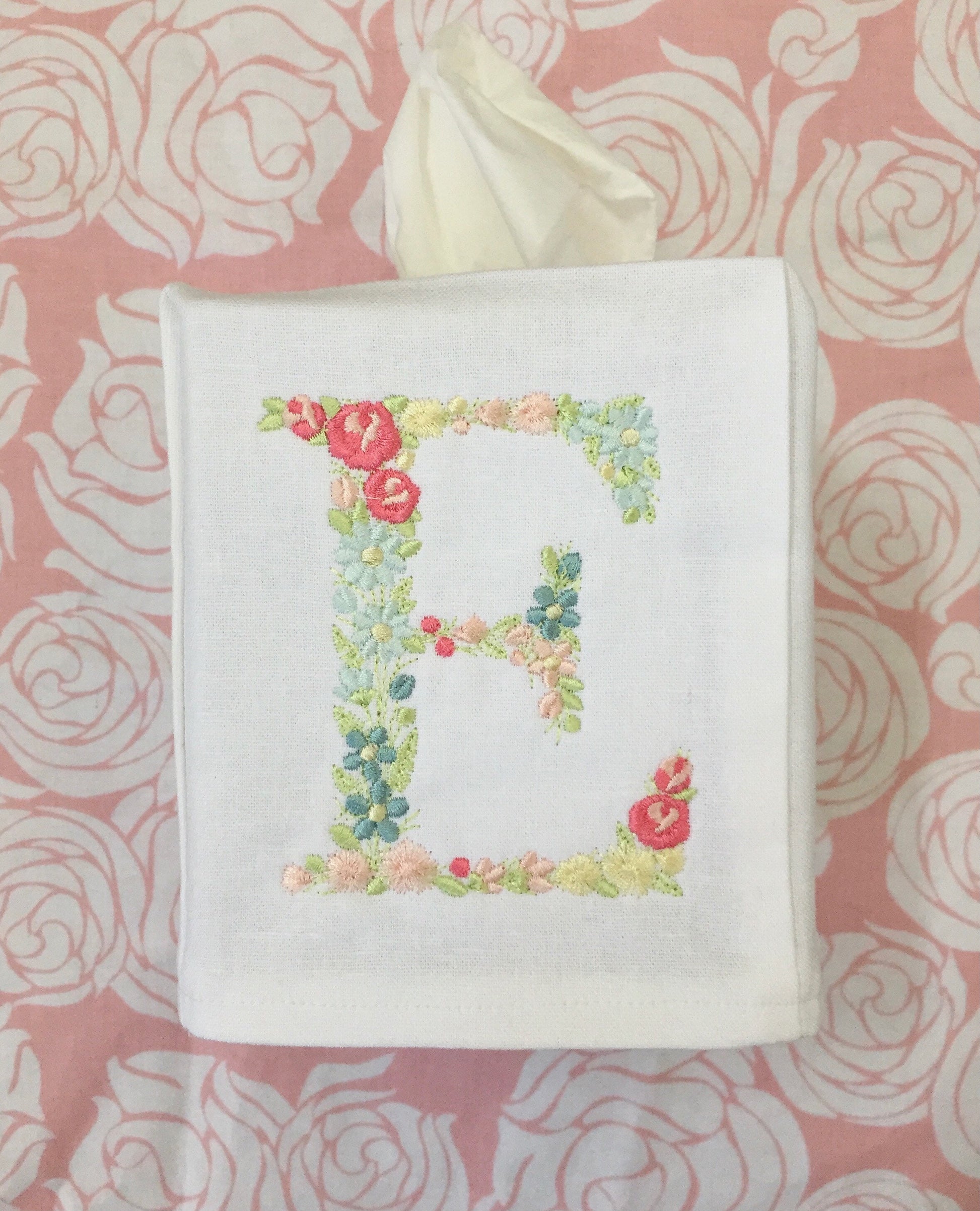 Monogrammed Tissue Box Cover Linen, Flower Initial-monogrammed gift-personalized gift-hostess gift