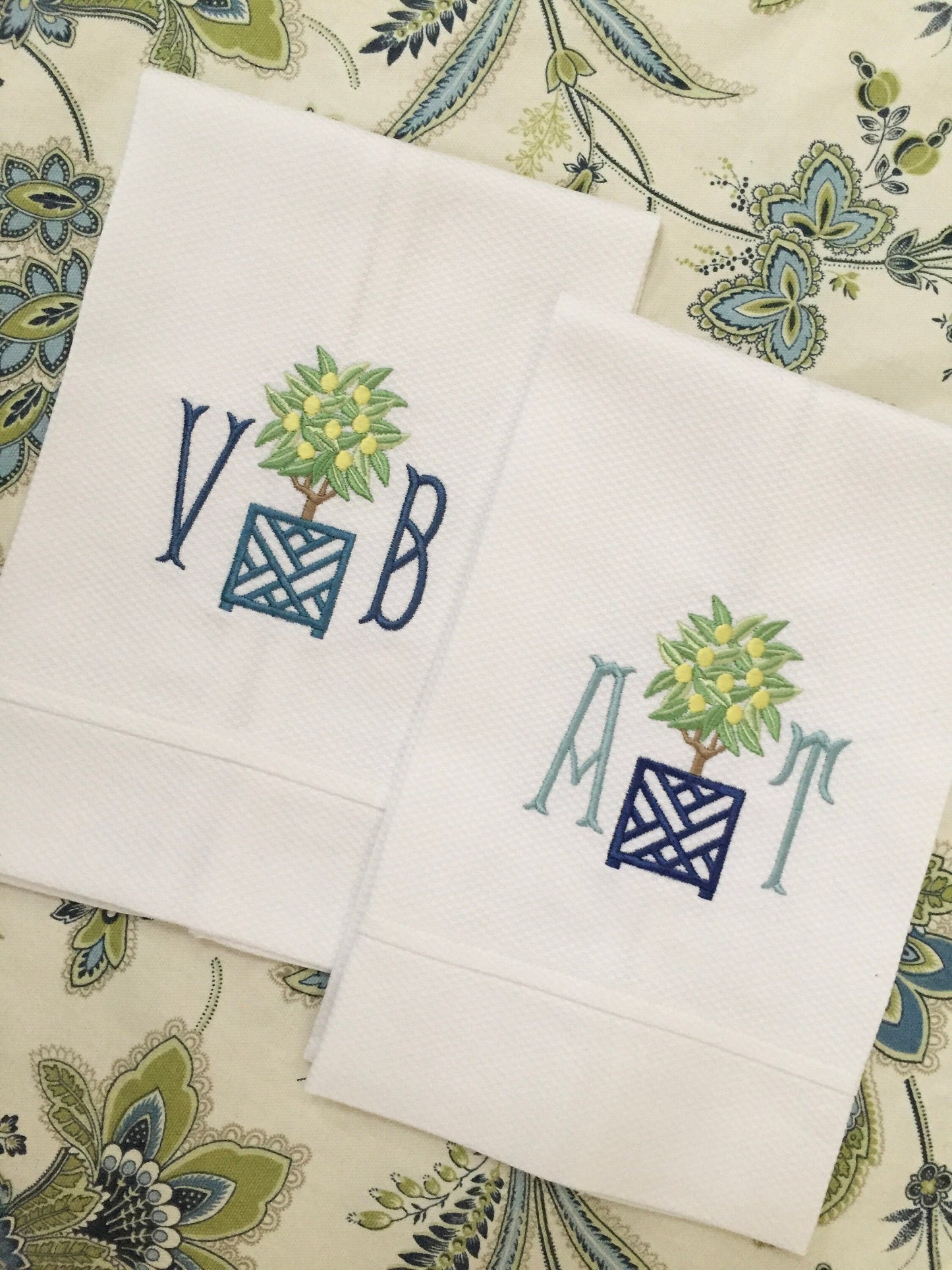 Monogrammed Cotton Pique Tea Towel, Topiary Initials-Hostess Gift, monogrammed linens, personalized gift