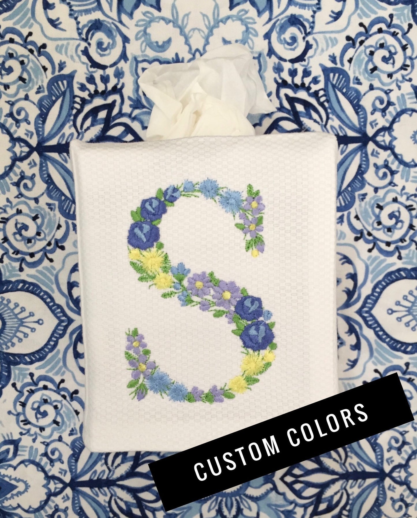 Monogrammed Tissue Box Cover Linen, Flower Initial-monogrammed gift-personalized gift-hostess gift