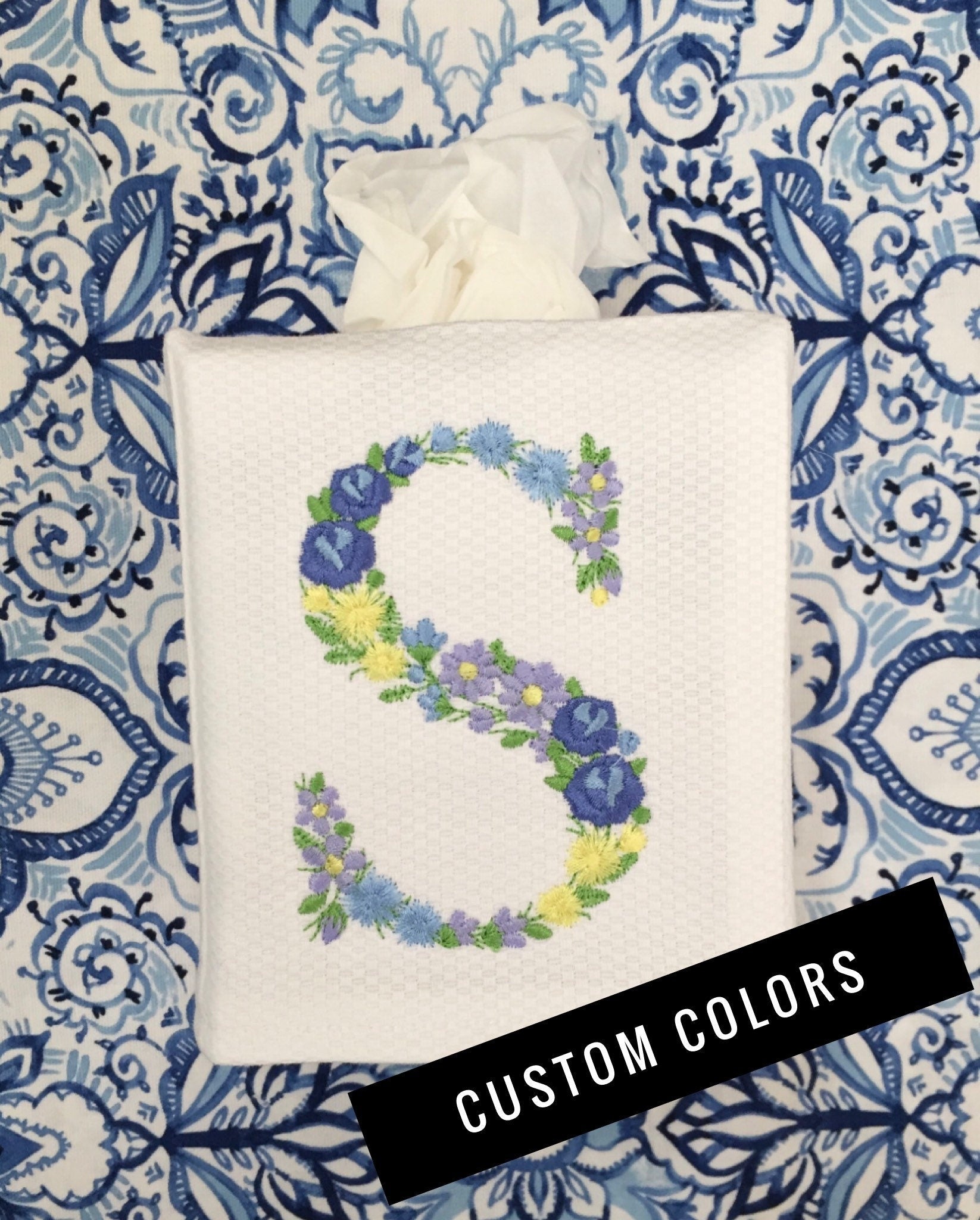 Monogrammed Tissue Box Cover Linen, Flower Initial-monogrammed gift-personalized gift-hostess gift