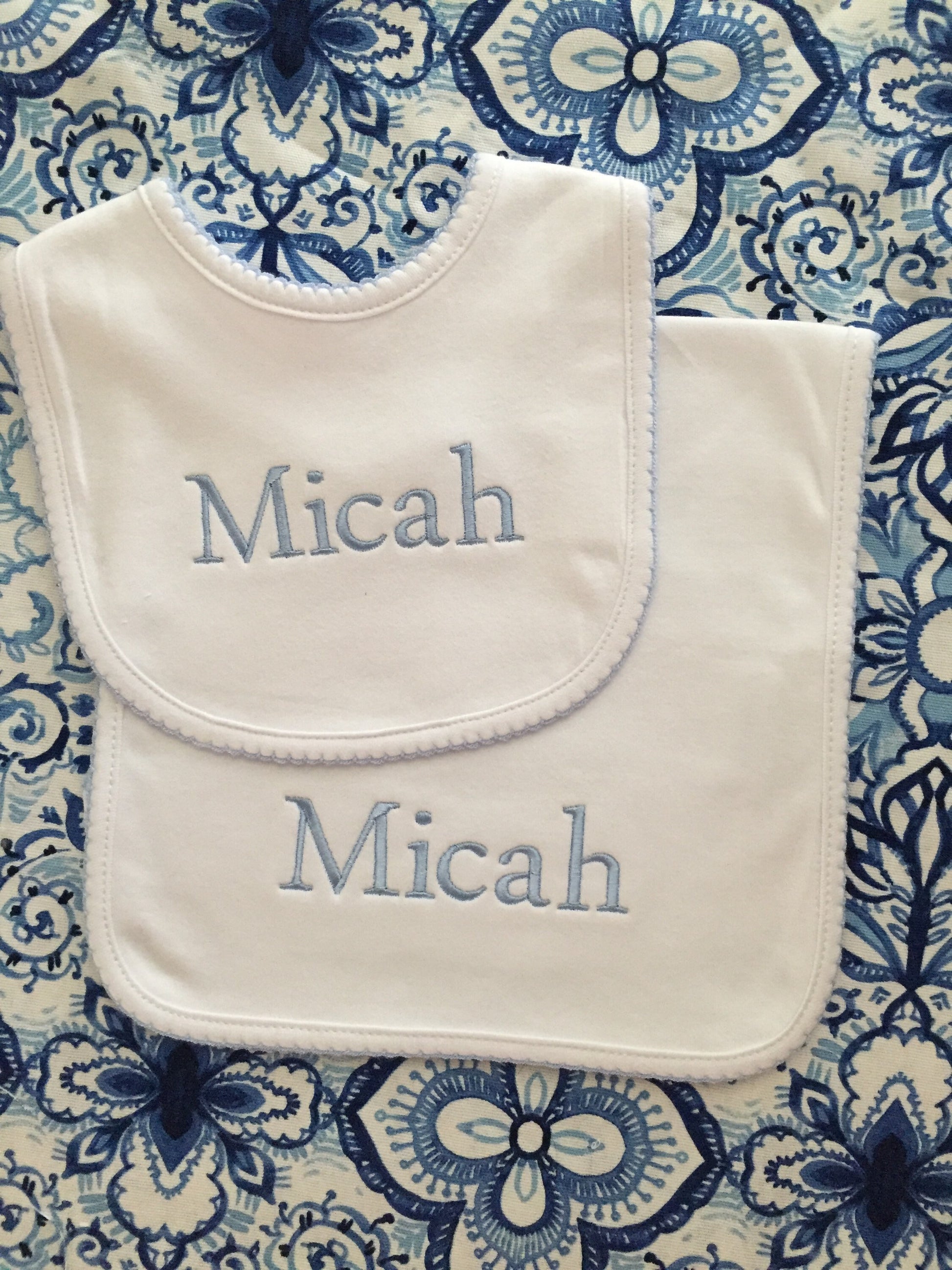 Monogrammed Bib and Burp Cloth Picot Trim set-monogrammed baby gift, baby shower gift