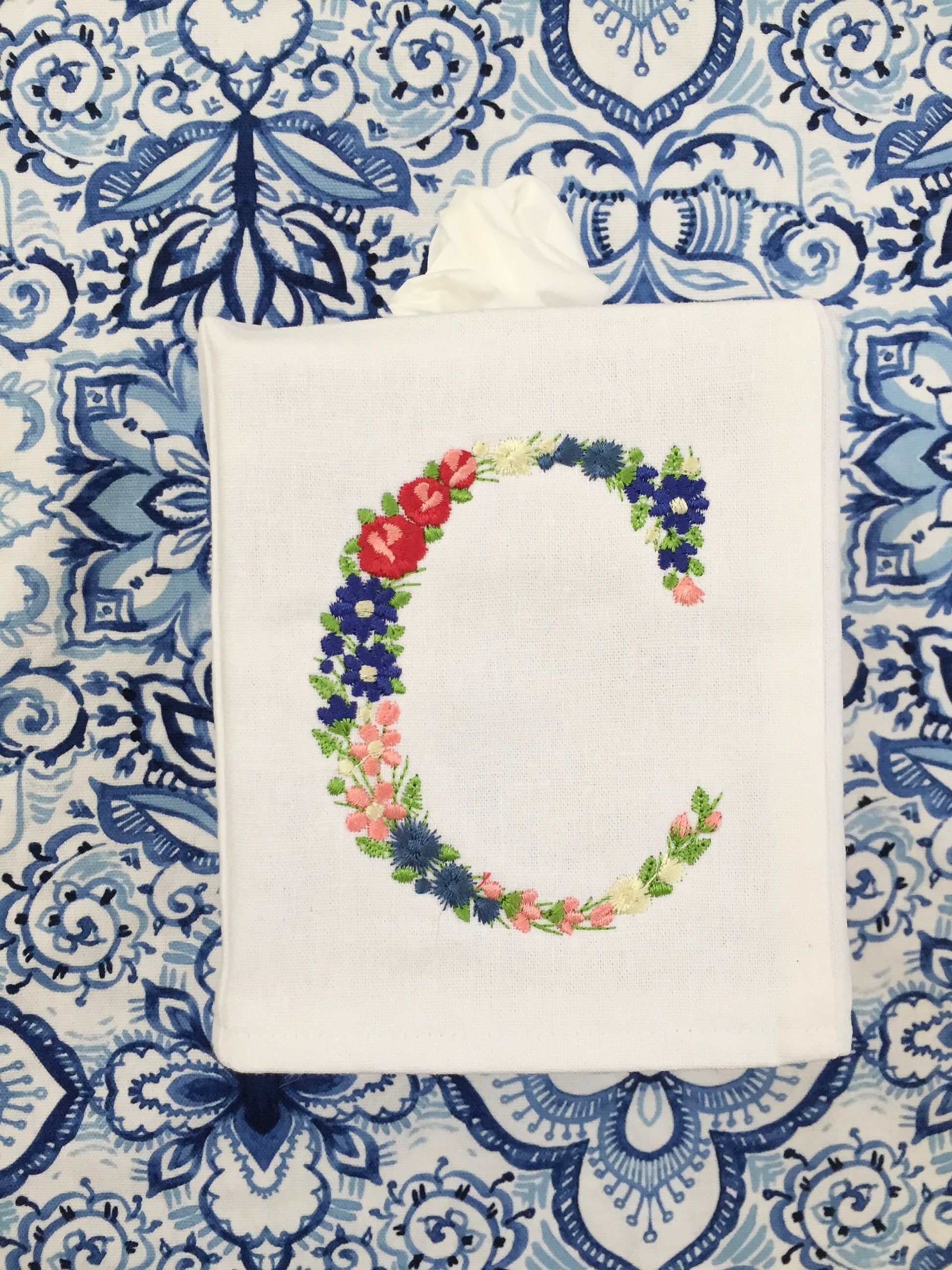 Monogrammed Tissue Box Cover Linen, Flower Initial-monogrammed gift-personalized gift-hostess gift