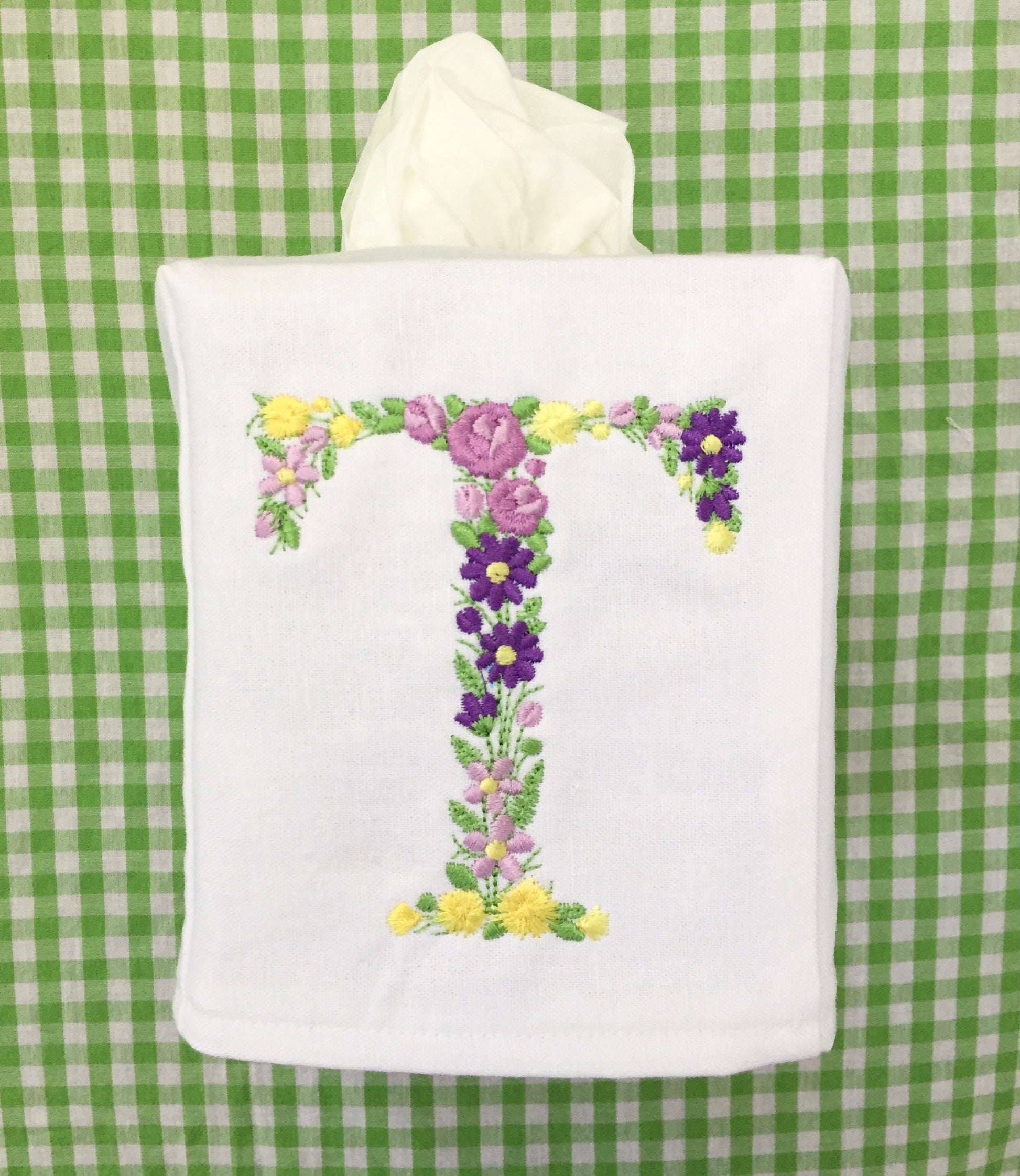 Monogrammed Tissue Box Cover Linen, Flower Initial-monogrammed gift-personalized gift-hostess gift