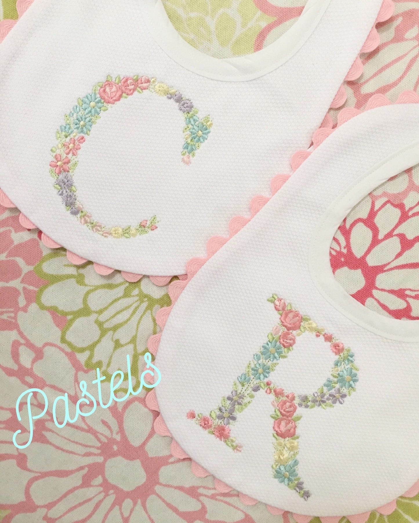 Monogrammed Bib with Ric Rac, Floral Initial, baby shower gift, personalized baby gift