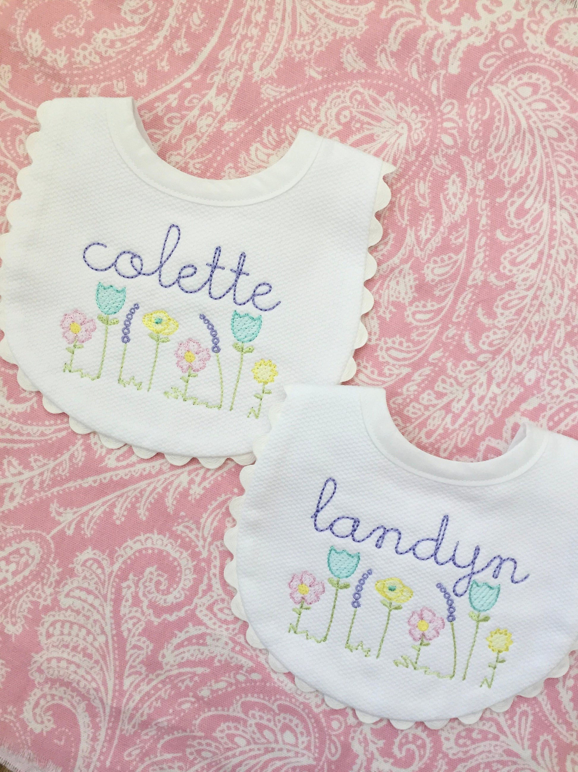 Monogrammed Wildflower Bib with Ric Rac, baby shower gift, personalized baby gift
