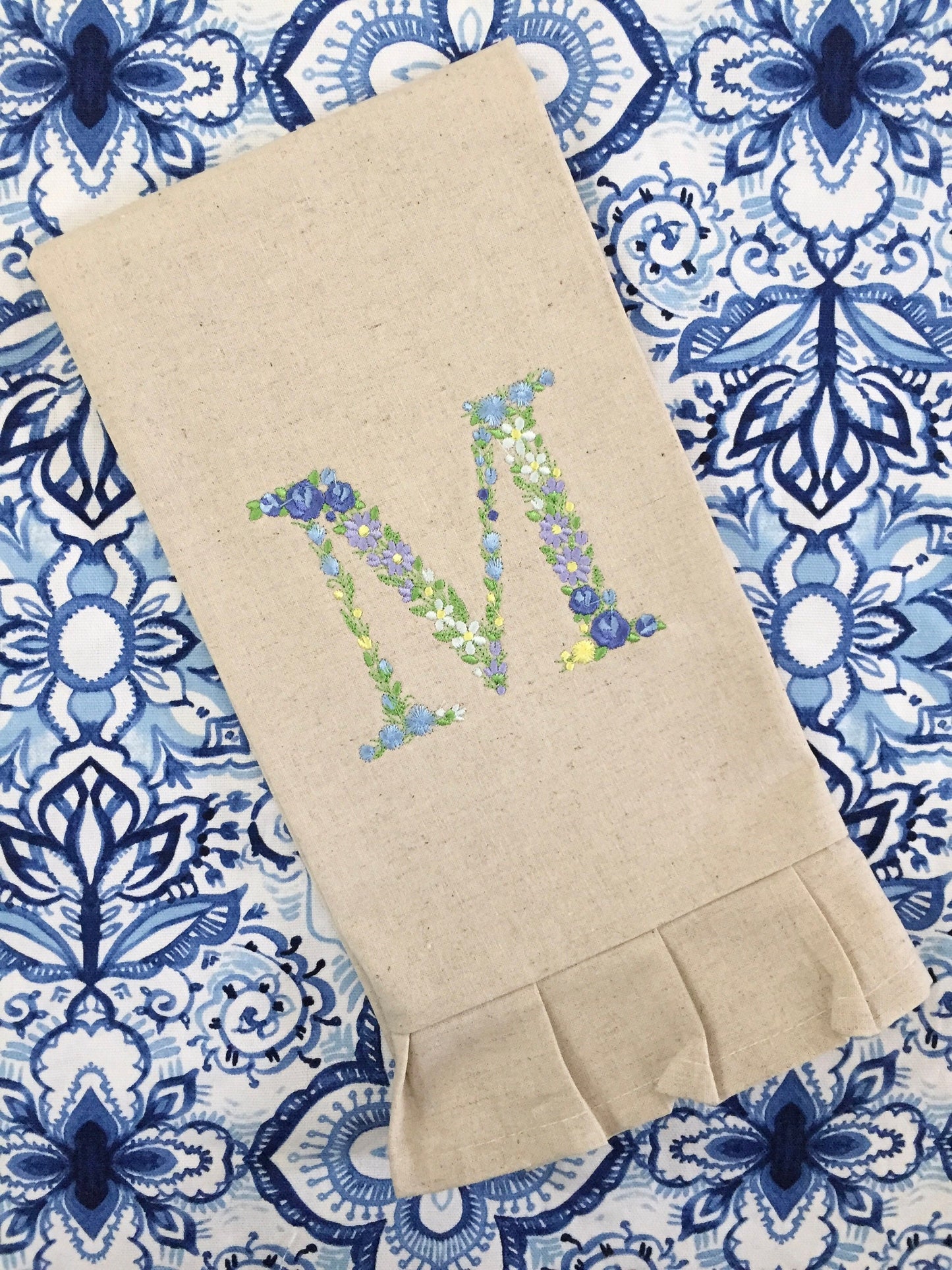 Monogrammed Linen Ruffled Handtowel, Personalized Handtowel Flower Initial, Hostess Gift