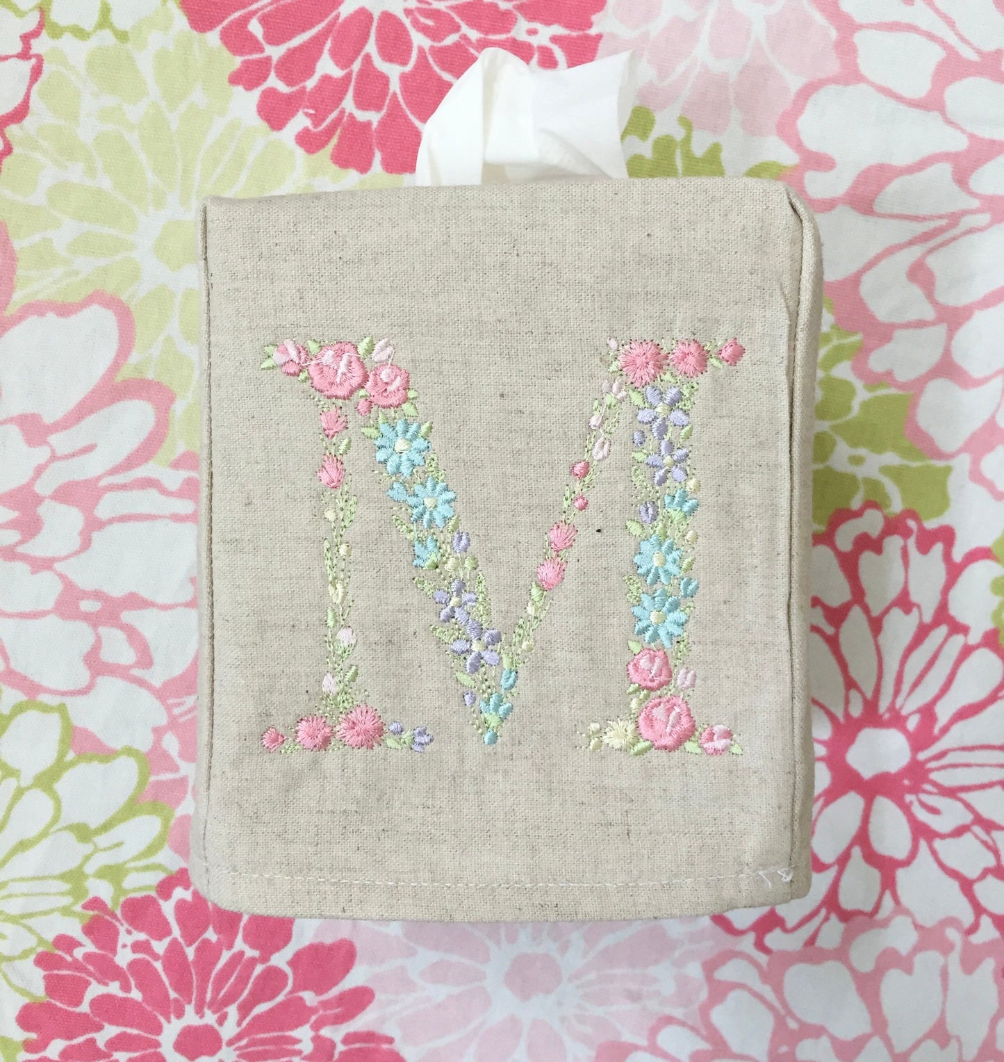 Monogrammed Tissue Box Cover Linen, Flower Initial-monogrammed gift-personalized gift-hostess gift