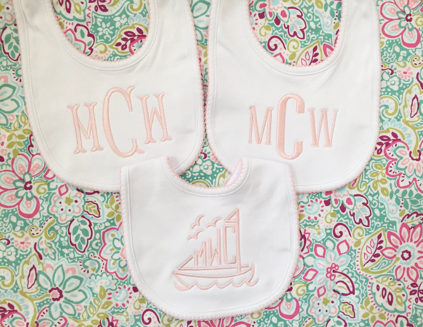 3 Pack-Monogrammed Bib with Picot trim, baby shower gift, personalized baby gift
