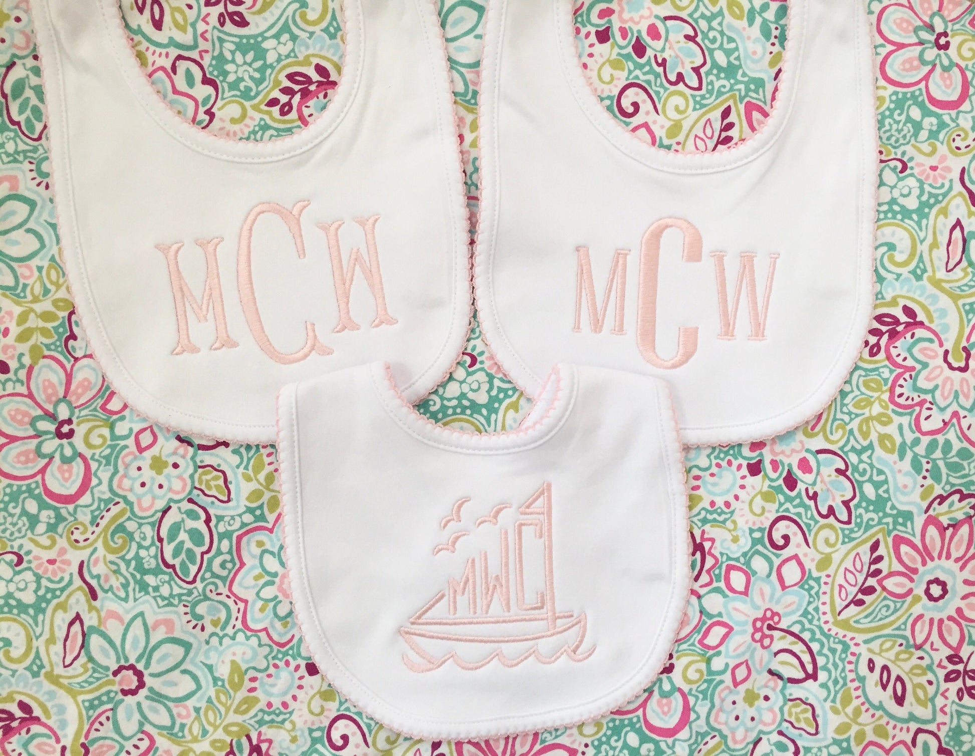 3 Pack-Monogrammed Bib with Picot trim, baby shower gift, personalized baby gift
