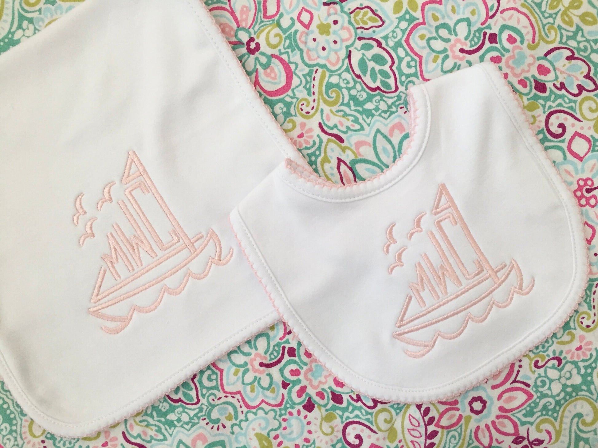 Monogrammed Bib and Burp Cloth Picot Trim set-monogrammed baby gift, baby shower gift