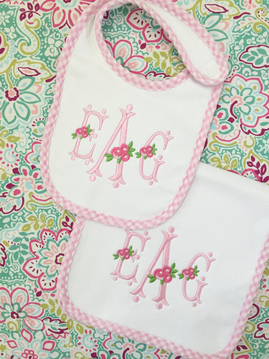 Monogrammed Bib and Burp Cloth set-Rosie Monogram, monogrammed baby gift, baby shower gift