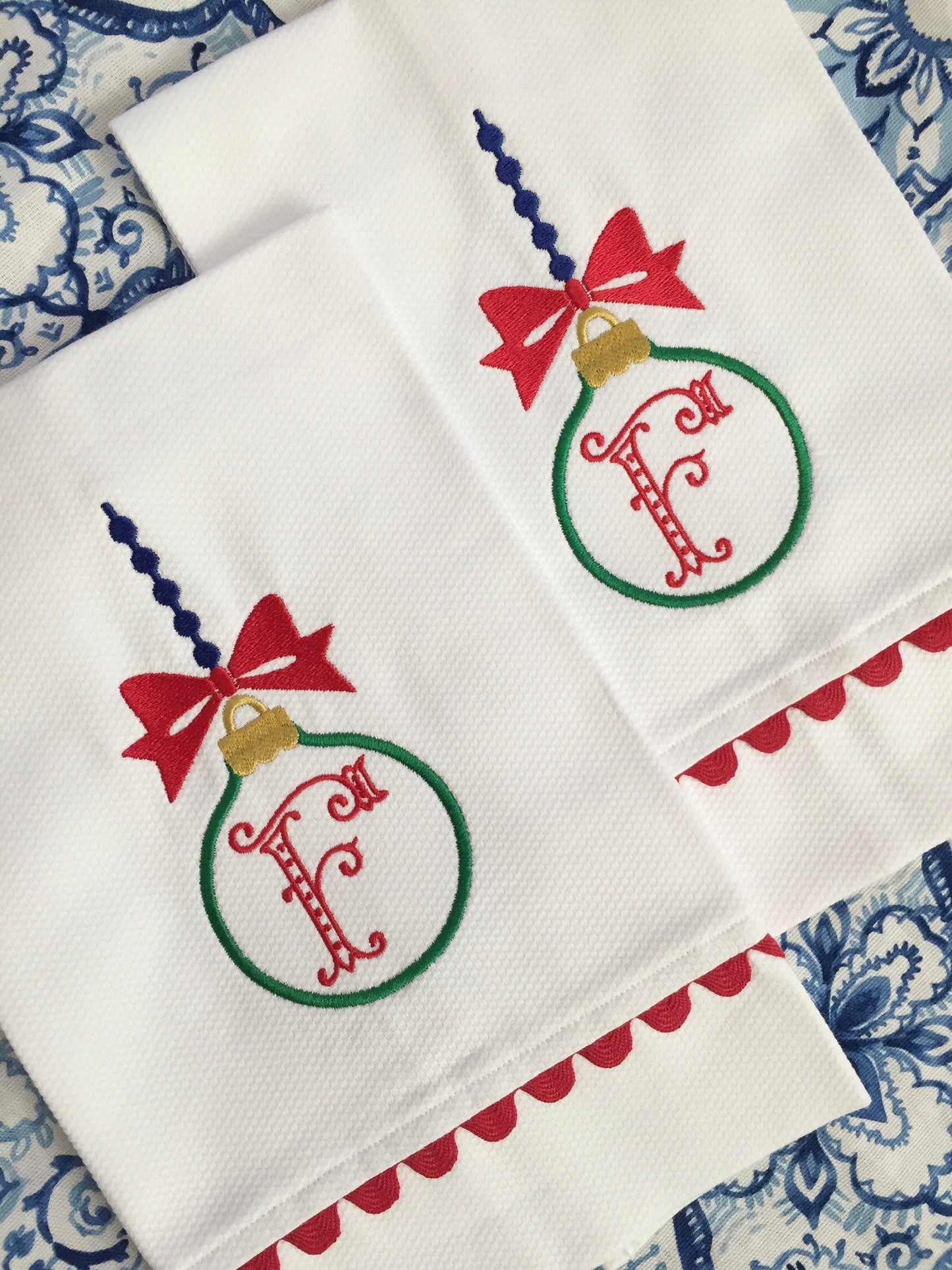 Monogrammed Ornament Pique Tea Towel, Hostess Gift, monogrammed linens, linen handtowel, Christmas gift