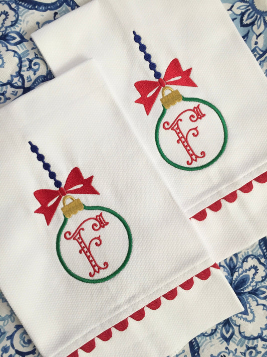 Monogrammed Ornament Pique Tea Towel, Hostess Gift, monogrammed linens, linen handtowel, Christmas gift