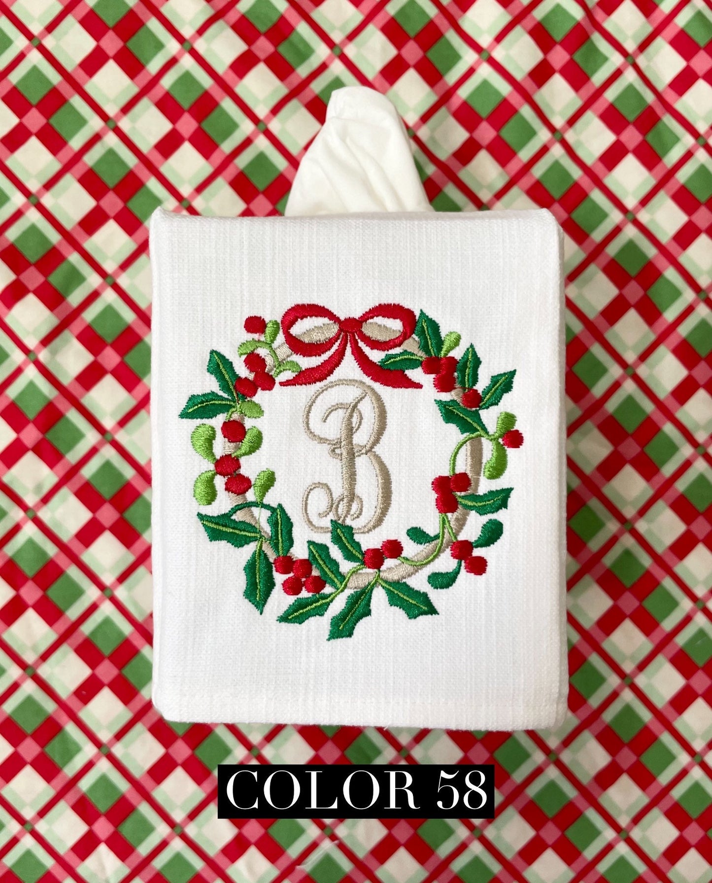 Monogrammed Tissue Box Cover Linen, Holly Wreath Initial, monogrammed gift-personalized gift-hostess gift, Christmas