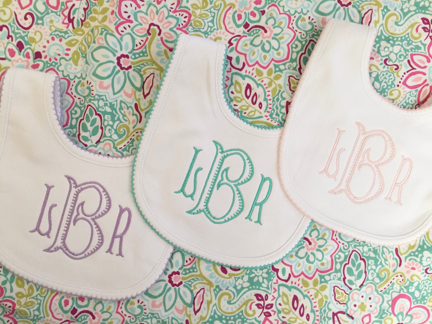 3 Pack-Monogrammed Bib with Picot trim, baby shower gift, personalized baby gift