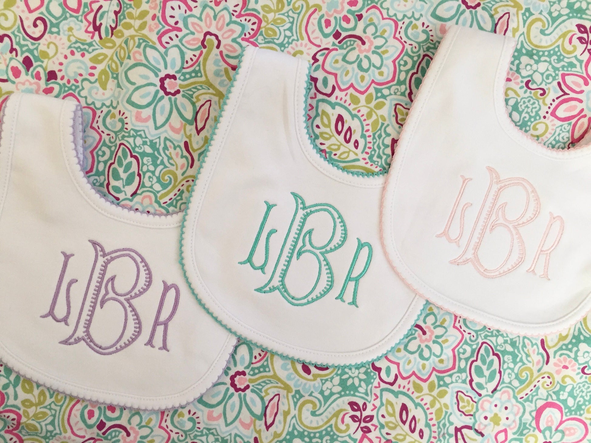 3 Pack-Monogrammed Bib with Picot trim, baby shower gift, personalized baby gift