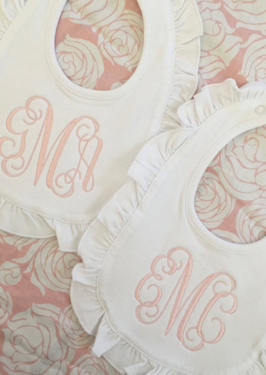 Monogrammed Bib with Ruffle, baby shower gift, personalized baby gift
