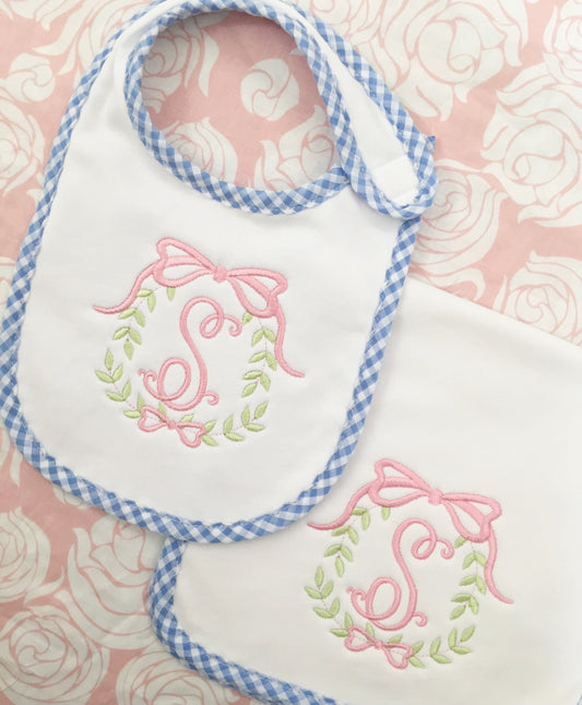 Monogrammed Bib and Burp Cloth Set: Gingham Trim, Laurel Initial