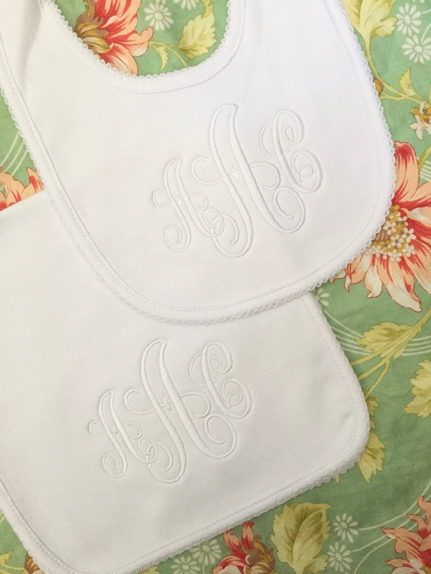 Monogrammed Bib and Burp Cloth Picot Trim set-monogrammed baby gift, baby shower gift