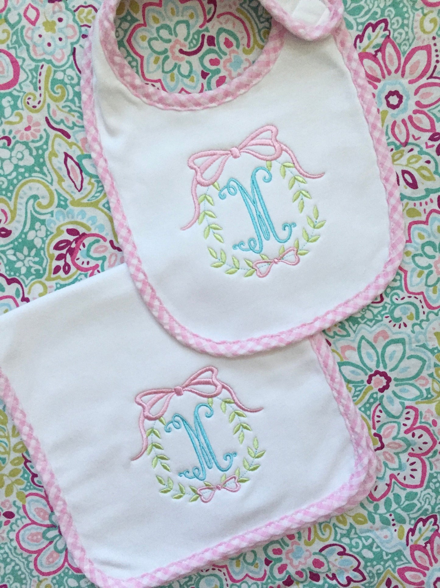 Monogrammed Bib and Burp Cloth Set: Gingham Trim, Laurel Initial