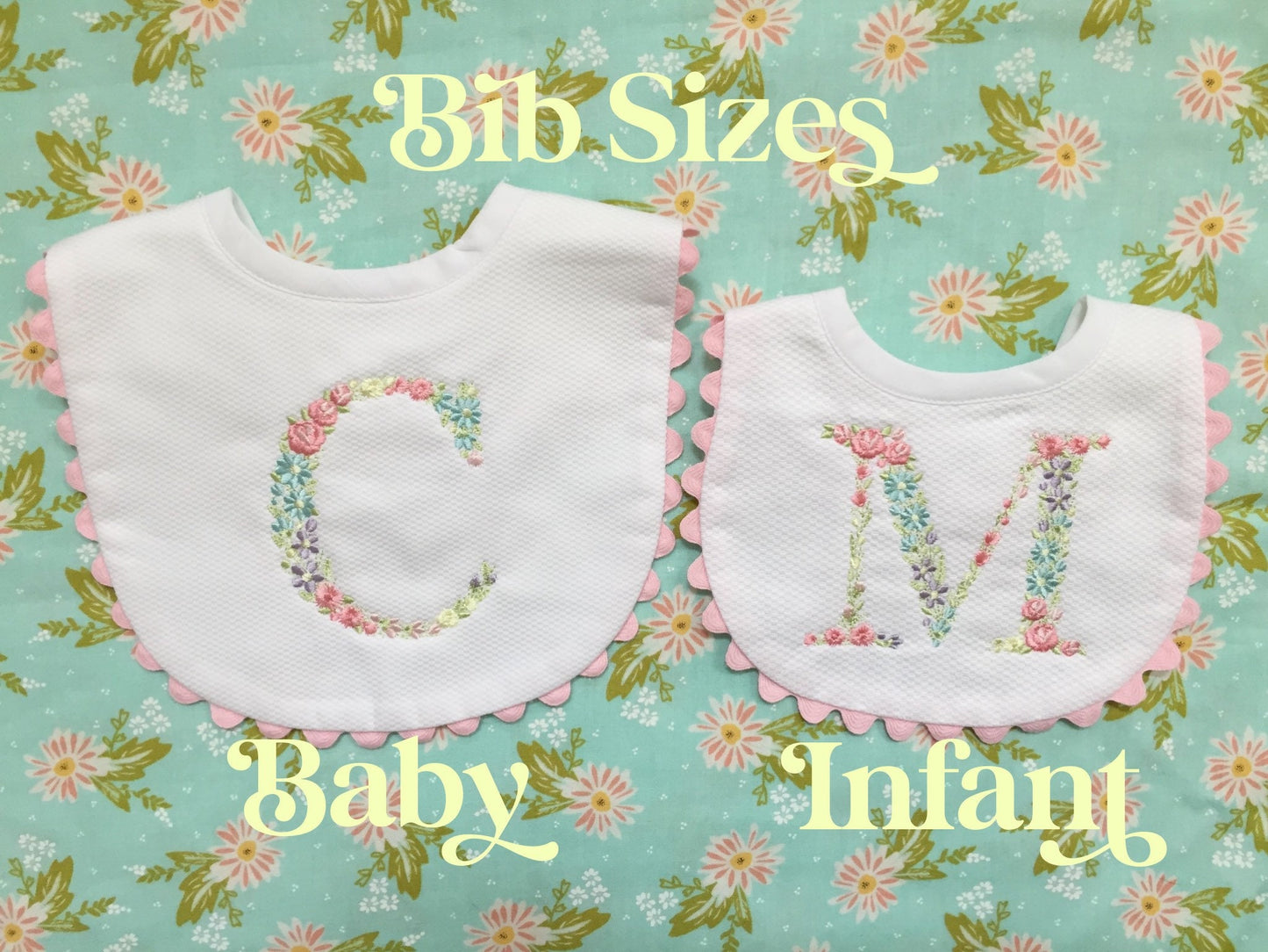 Monogrammed Bib with Ric Rac, Floral Initial, baby shower gift, personalized baby gift