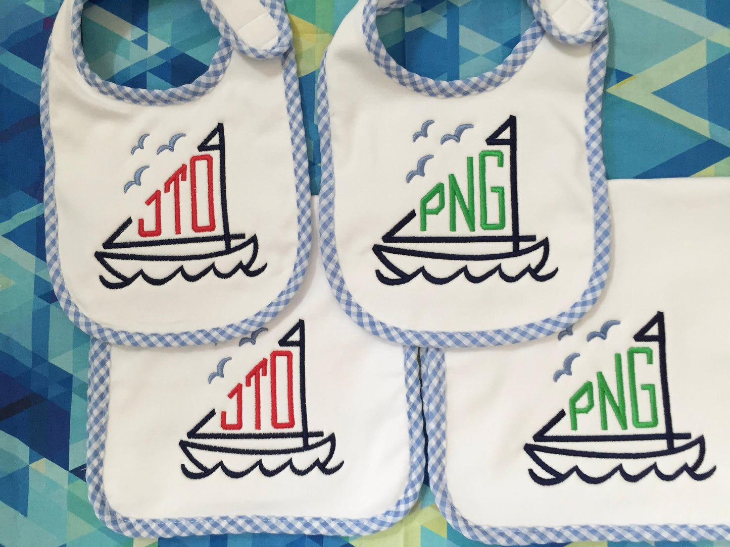 Sailboat Bib and Burp Cloth set-monogrammed baby gift, baby shower gift