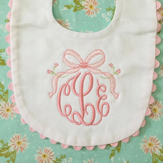 Monogrammed Bib with Ric Rac, Vintage Bow, baby shower gift, personalized baby gift