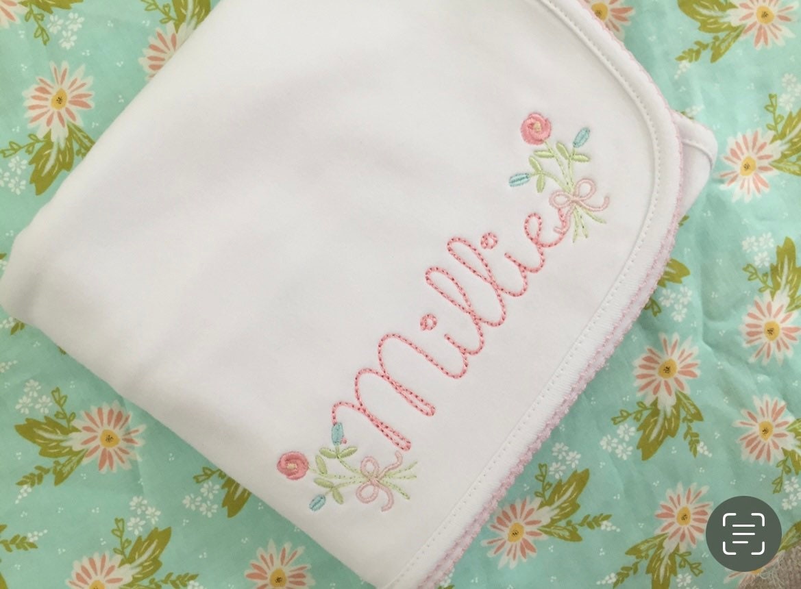 Monogrammed Baby Picot Trim Blanket, Bouquet Name, personalized baby gift, baby shower gift
