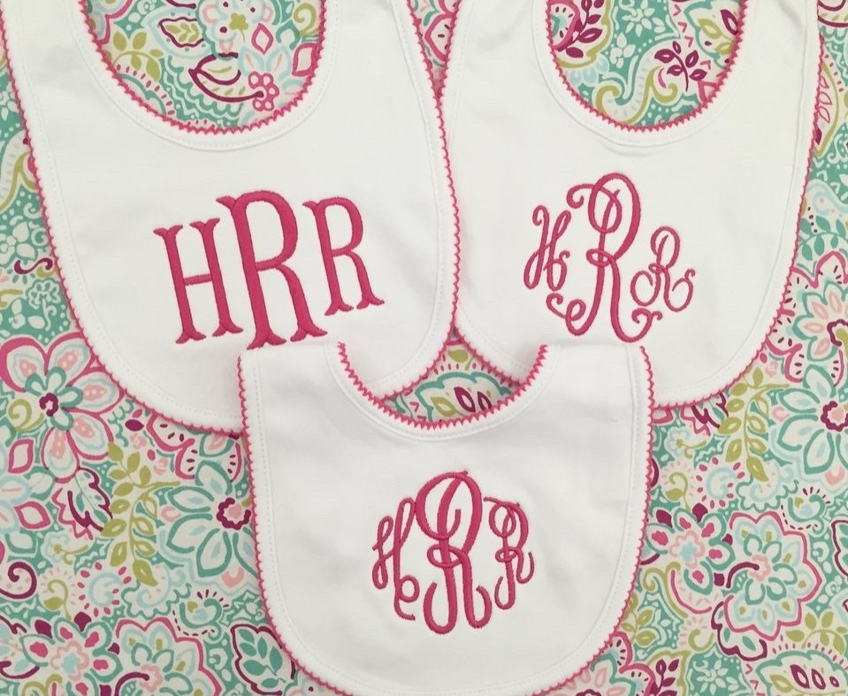 3 Pack-Monogrammed Bib with Picot trim, baby shower gift, personalized baby gift