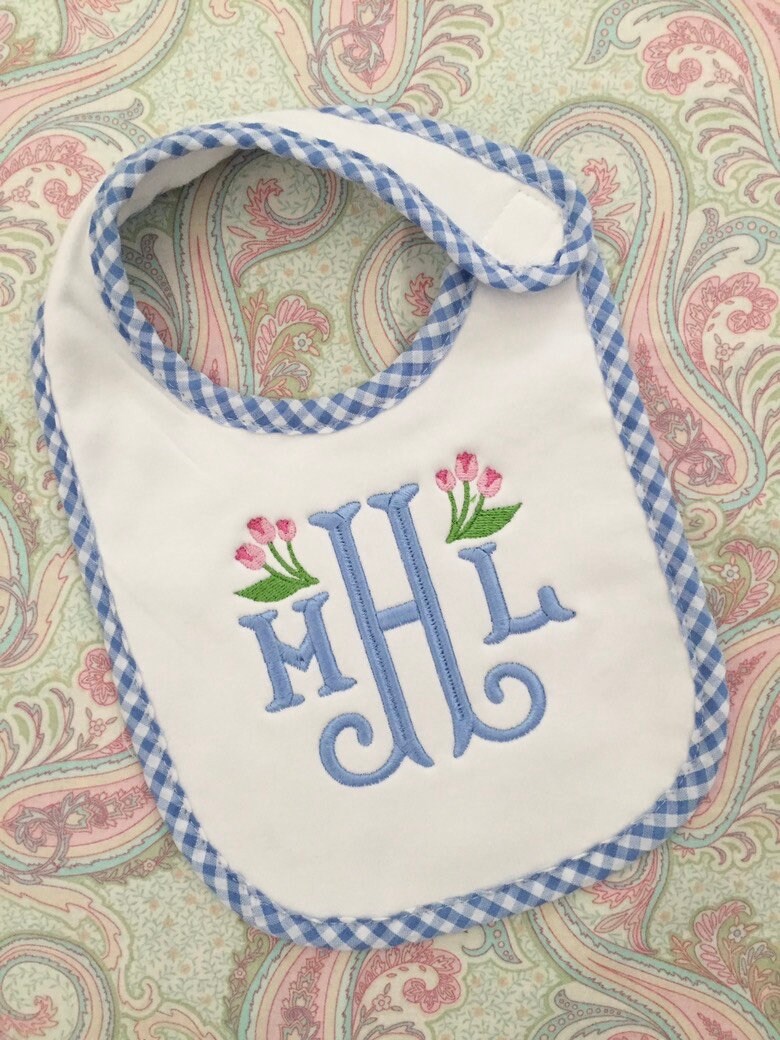 Monogrammed Baby Bib with Tulips, baby shower gift, personalized baby gift