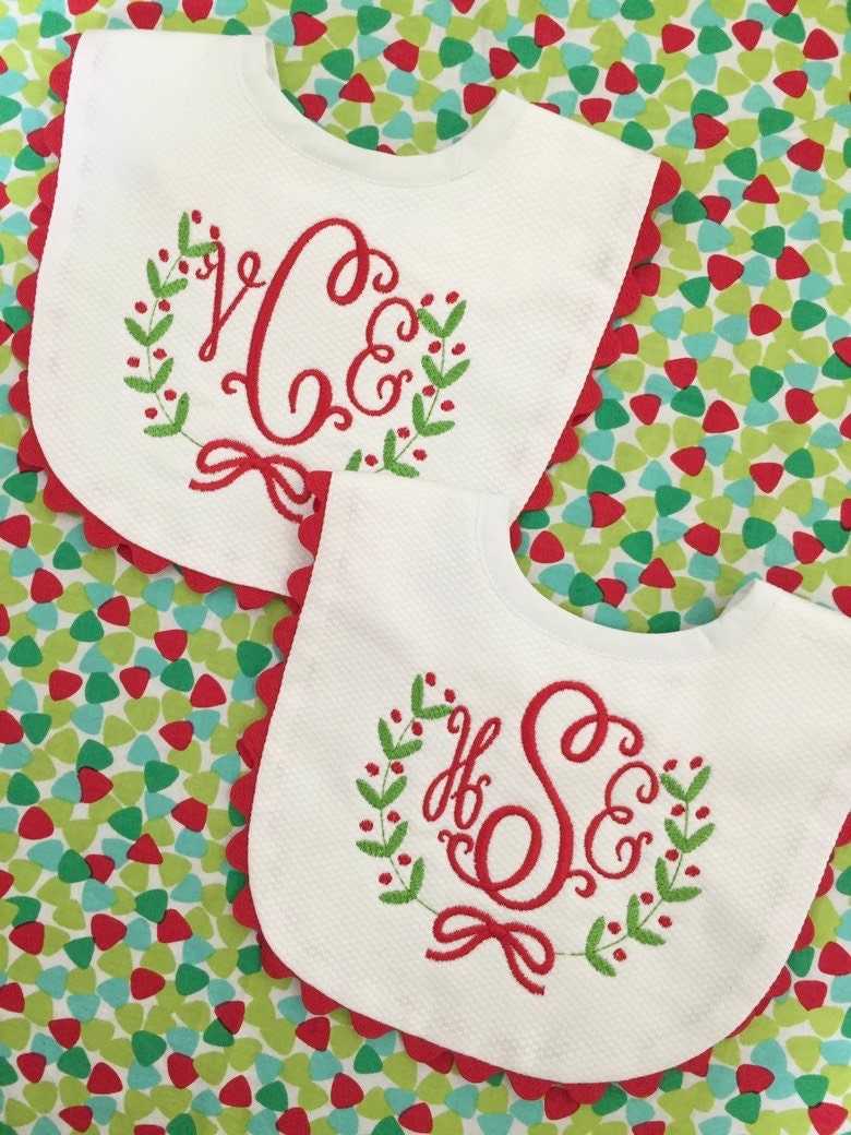 Monogrammed Christmas Bib with Ric Rac, baby shower gift, personalized baby gift