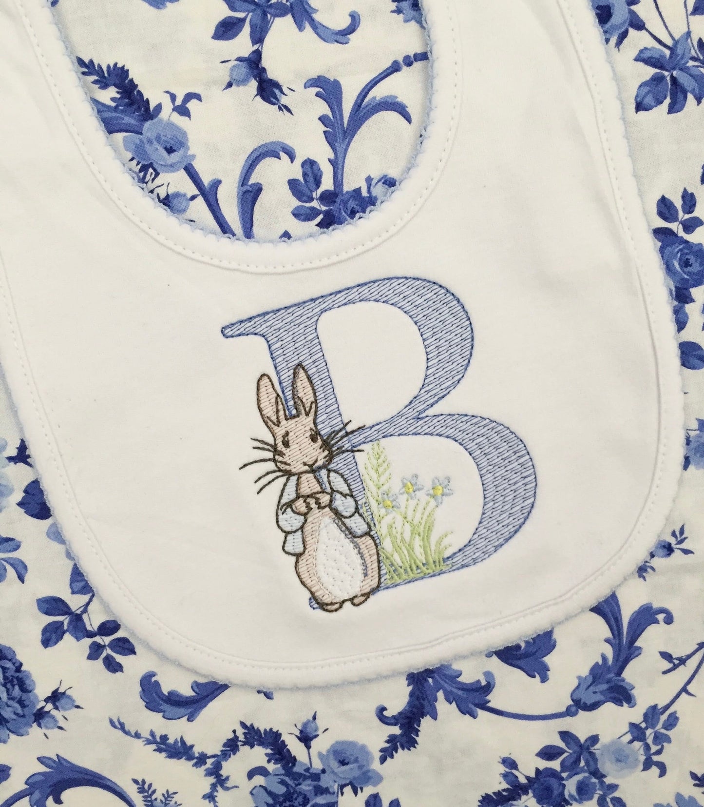 Monogrammed Bunny Initial Bib with Picot Trim, baby shower gift, personalized baby gift, Easter bib