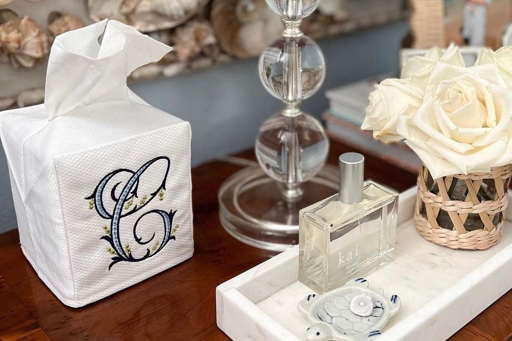 Monogrammed Tissue Box Cover-Flourish Initial, monogrammed gift-personalized gift-hostess gift