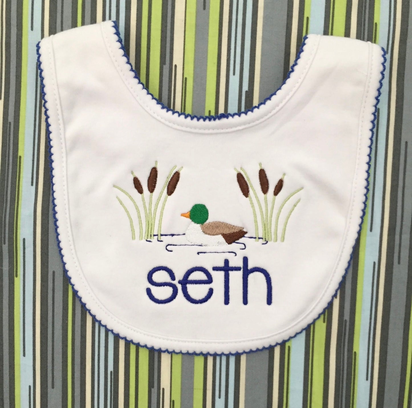 Monogrammed Duck Bib with Picot Trim, baby shower gift, personalized baby gift, boy bib
