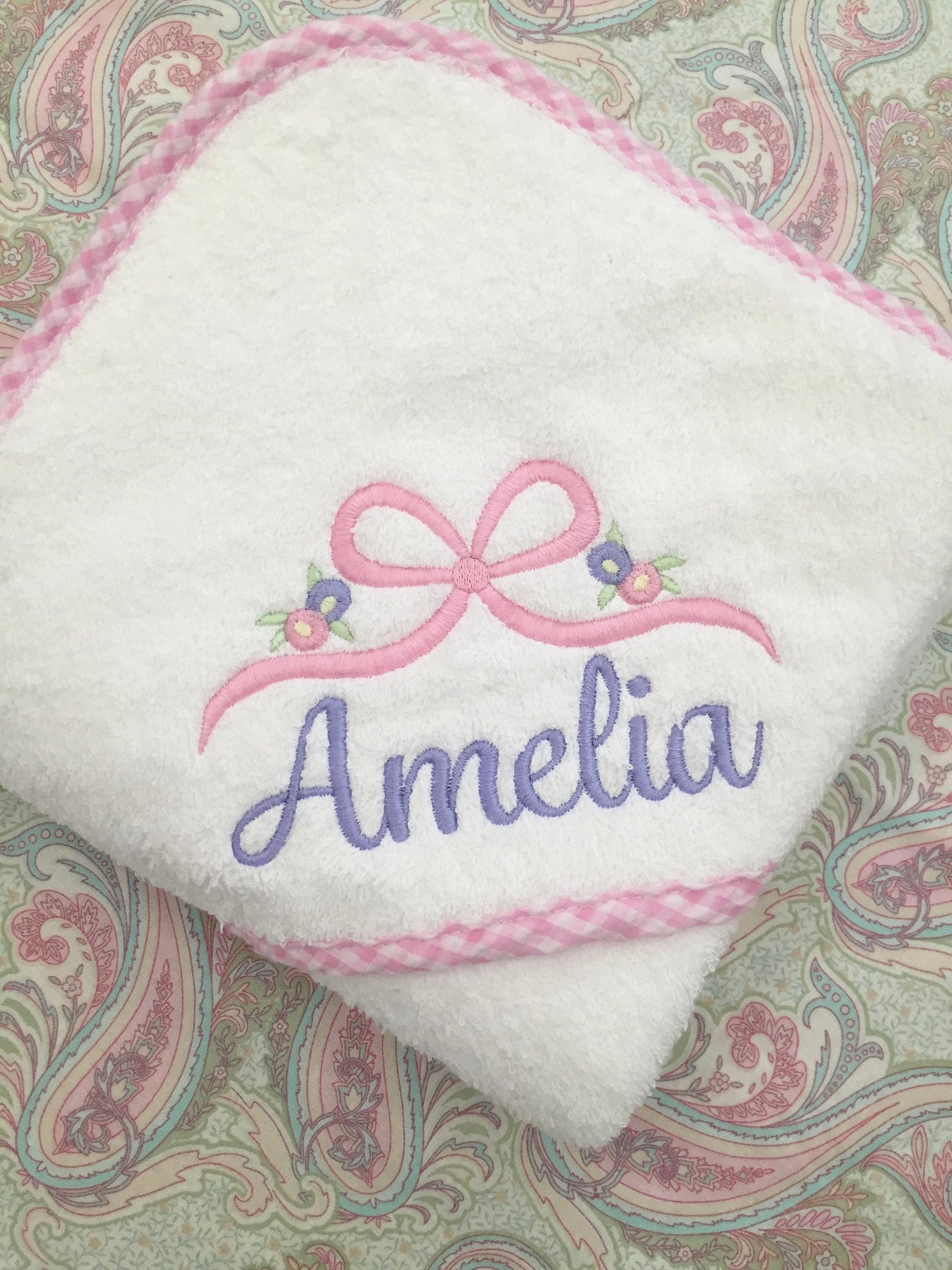 Monogrammed Baby Hooded Towel with Bow and Flowers: Velour Terry, Gingham Trim