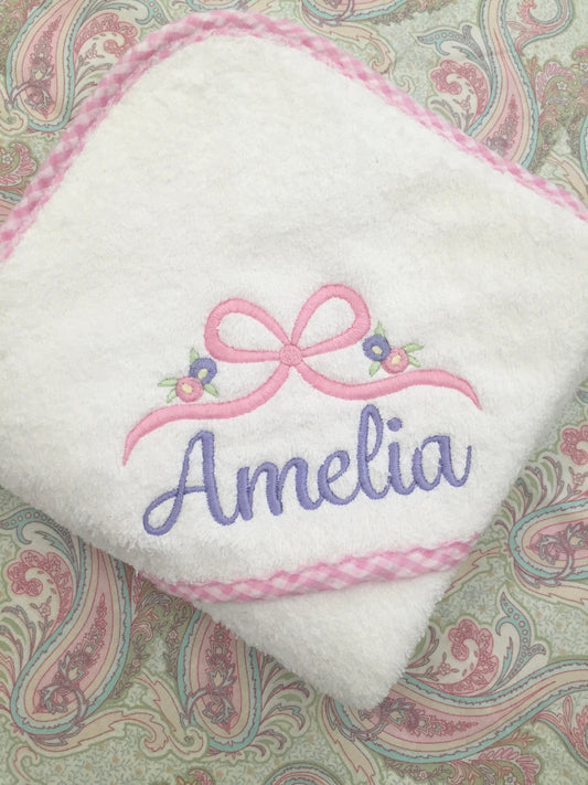 Monogrammed Baby Hooded Towel with Bow and Flowers: Velour Terry, Gingham Trim