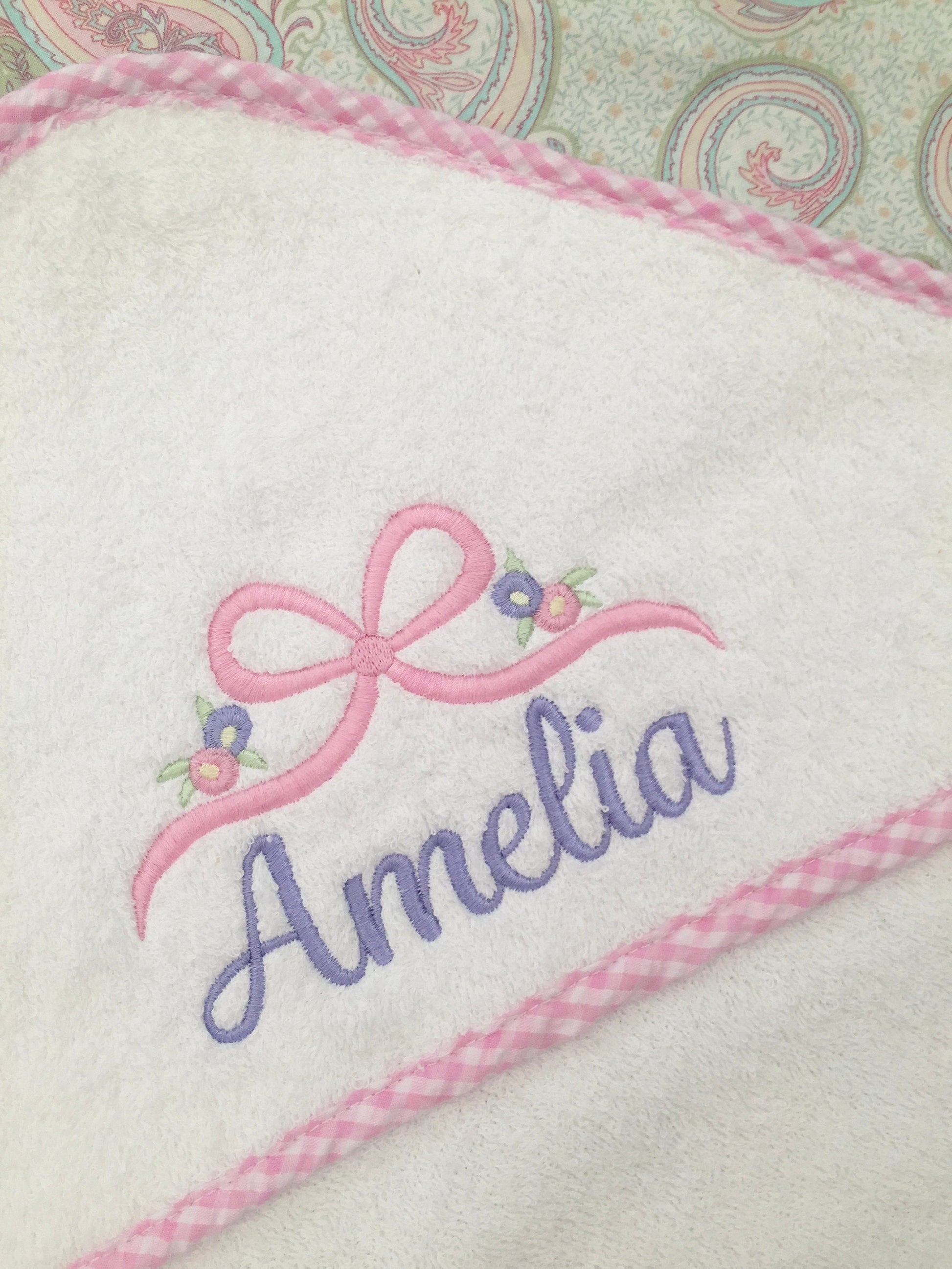 Monogrammed Baby Hooded Towel with Bow and Flowers: Velour Terry, Gingham Trim