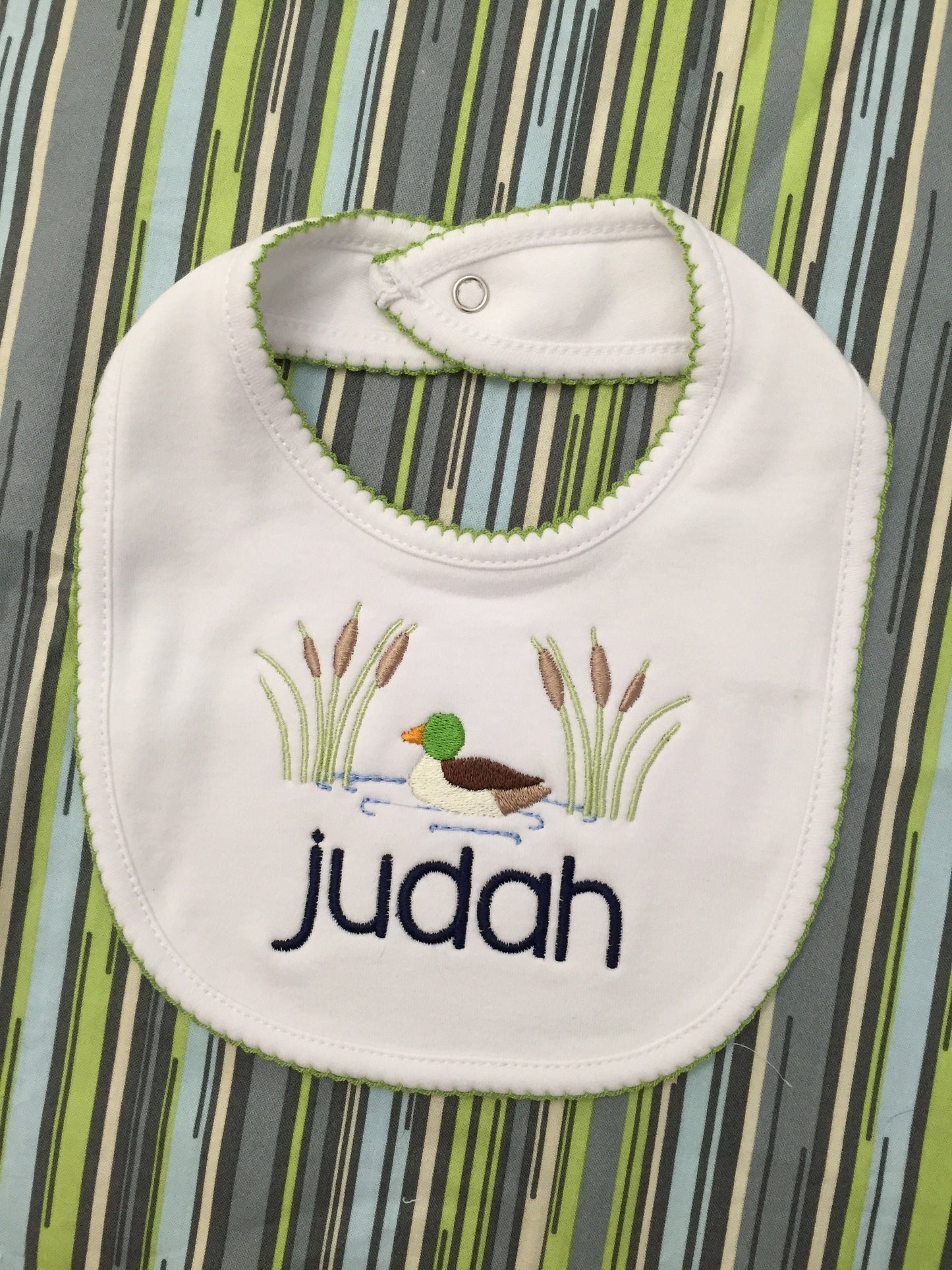 Monogrammed Duck Bib with Picot Trim, baby shower gift, personalized baby gift, boy bib