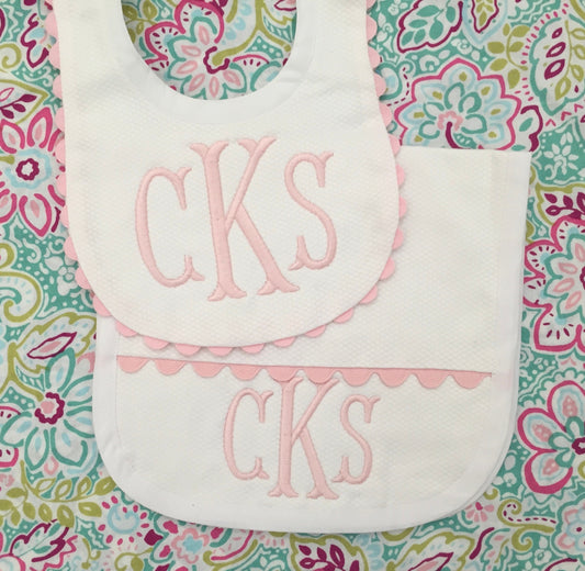 Monogrammed Bib and Burp cloth with Ric Rac, baby shower gift, personalized baby gift
