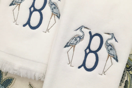 Monogrammed Fingertip towels, Heron Initial, personalized gifts, Christmas gift