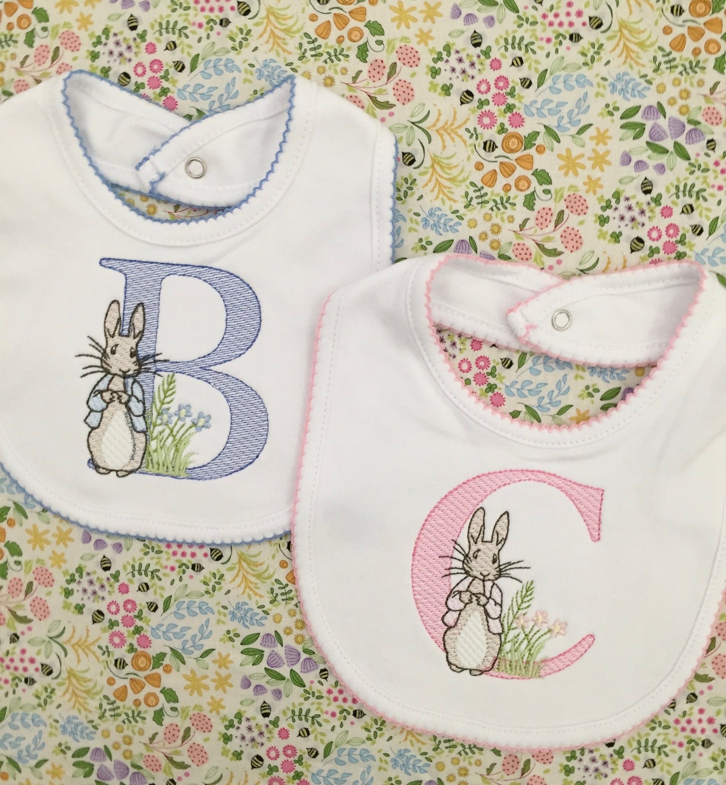 Monogrammed Bunny Initial Bib with Picot Trim, baby shower gift, personalized baby gift, Easter bib