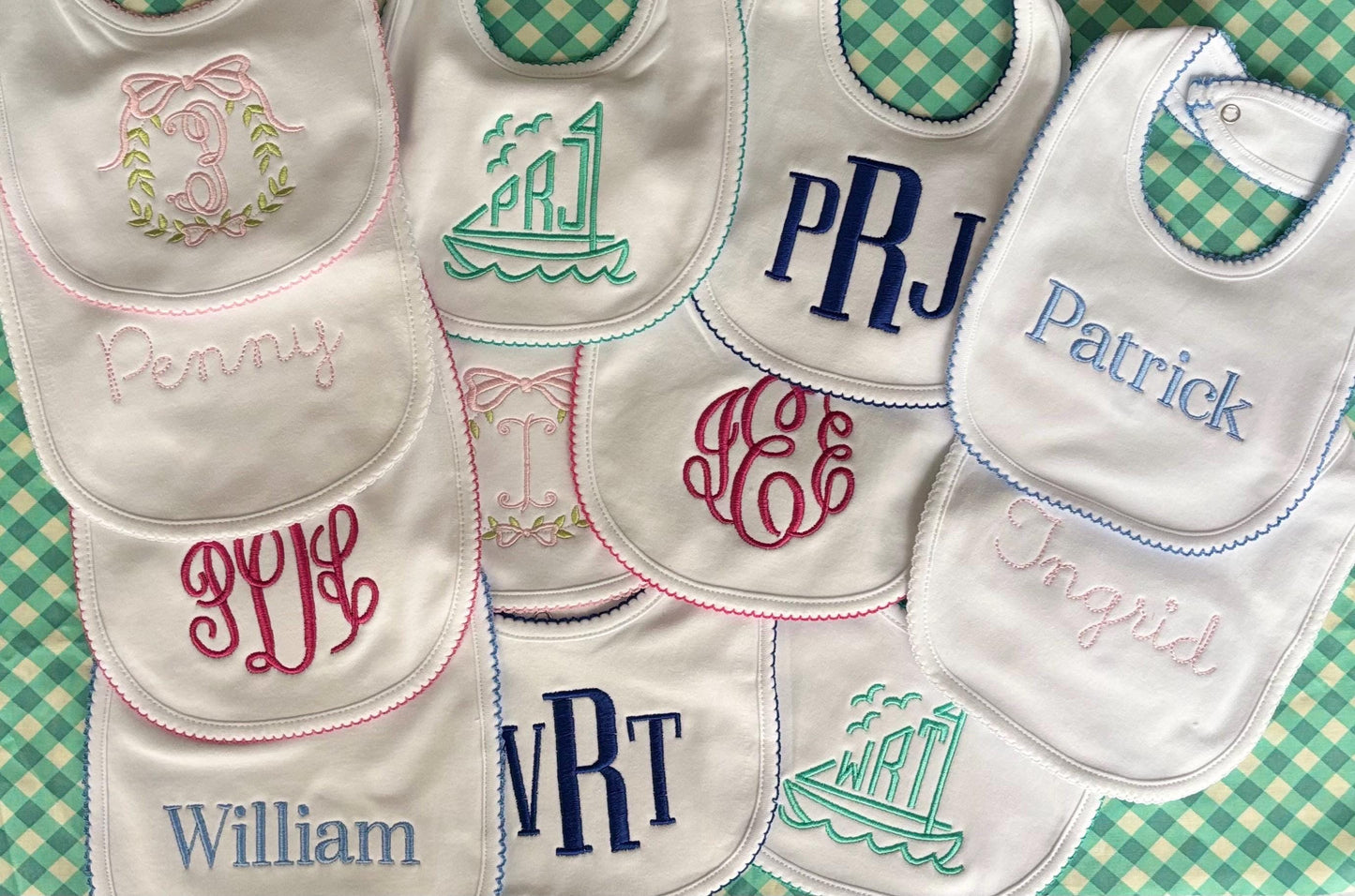 3 Pack-Monogrammed Bib with Picot trim, baby shower gift, personalized baby gift