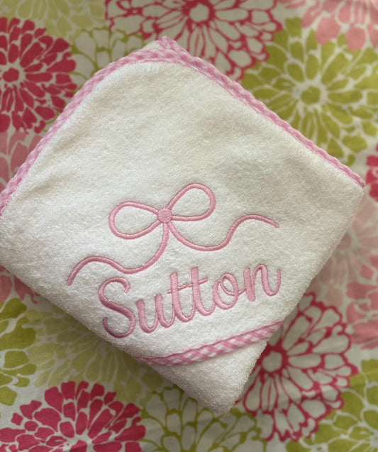 Monogrammed Baby Hooded Towel with Ribbon: Velour Terry, Gingham Trim