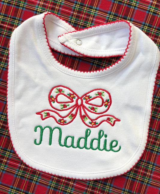 Monogrammed Christmas Bib- holiday bow, baby shower gift, personalized baby gift