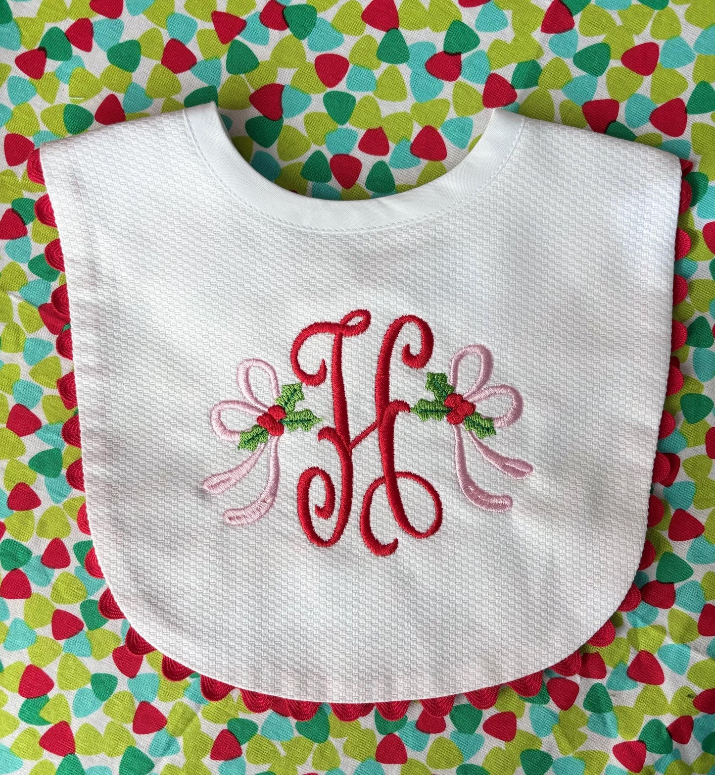 Monogrammed Christmas Bib- initial with bows, baby shower gift, personalized baby gift