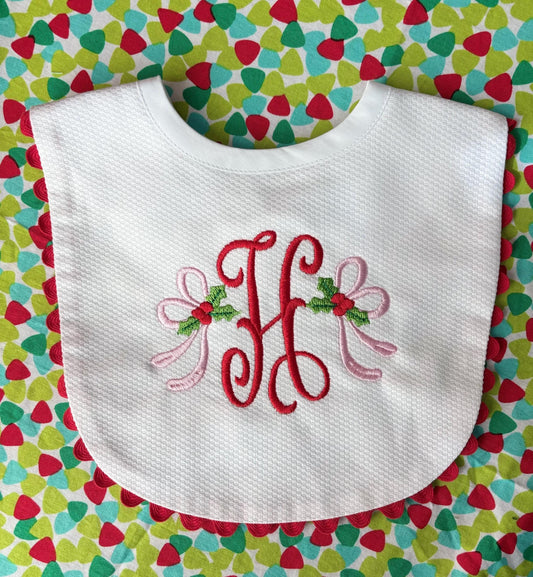 Monogrammed Christmas Bib- initial with bows, baby shower gift, personalized baby gift