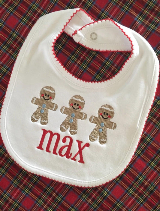 Monogrammed Baby Bib: Cotton with Picot Trim, Gingerbread design, Christmas bib