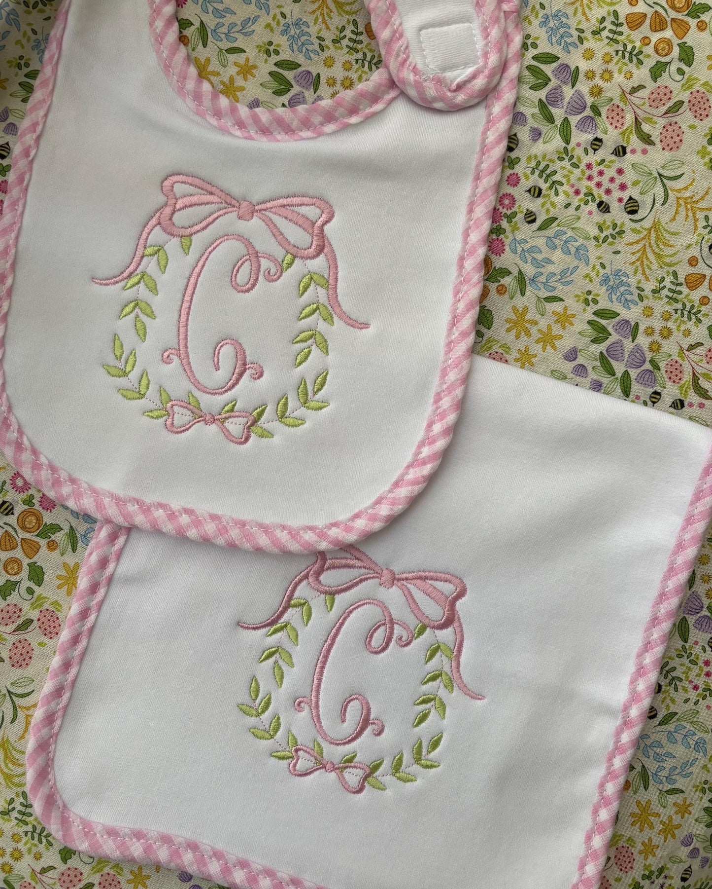 Monogrammed Bib and Burp Cloth Set: Gingham Trim, Laurel Initial